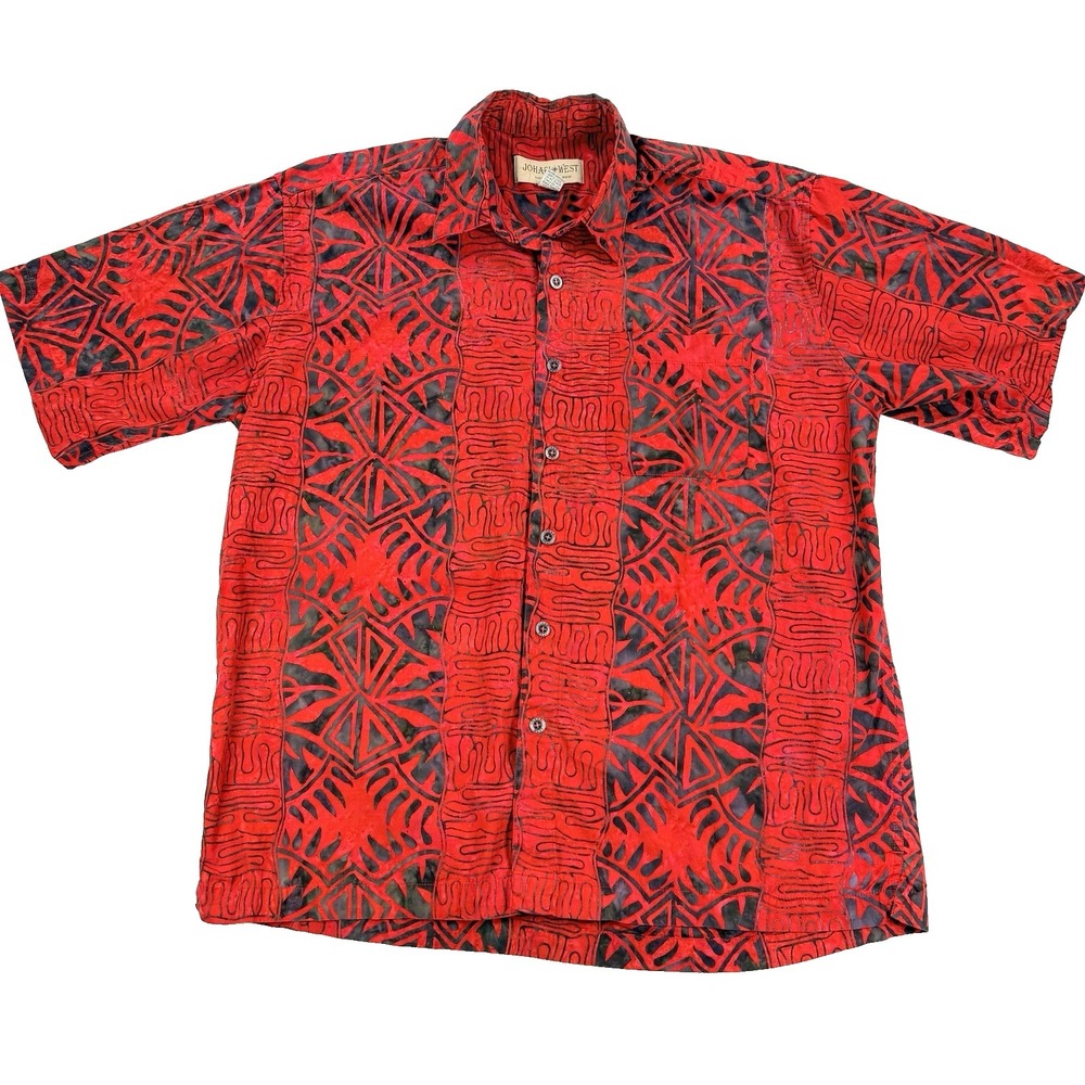 Mens Johari West Hawaiian Button Up Shirt Batik Geometric Red Size XL Aloha